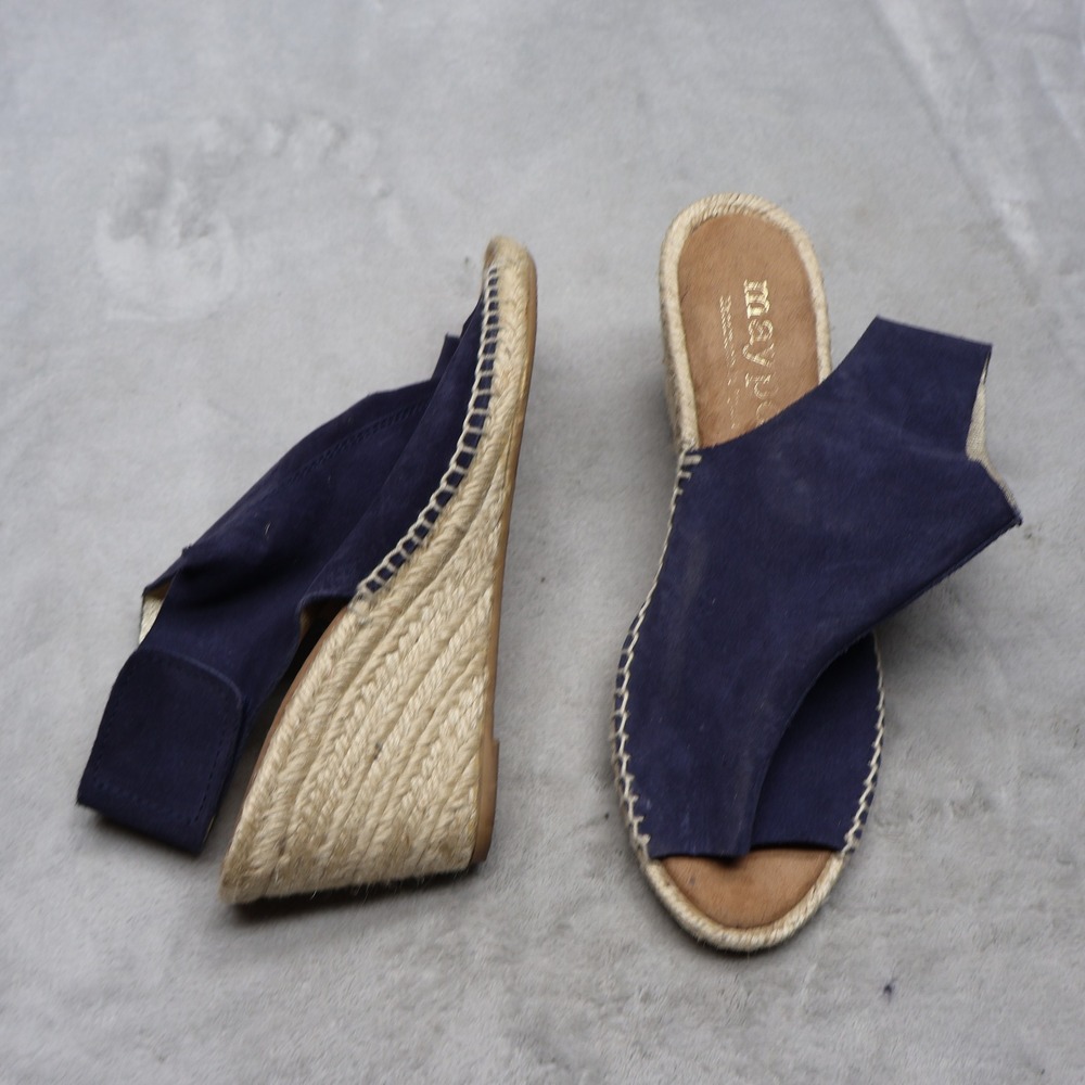 Maypol Womens 7.5 Espadrille Wedge Sandals Blue Suede Jute Slingback Casual EU38